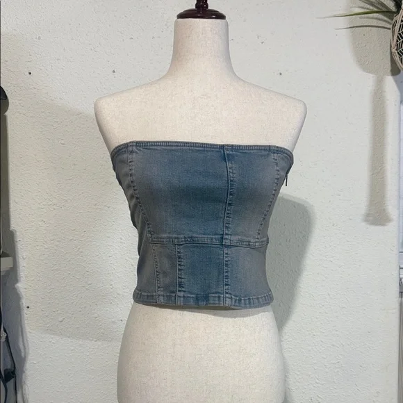 Zara Gray Denim Strapless Crop Top - Picture 1 of 3